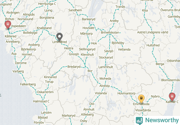 Karta över förseningar vid olika avgångsstationer. Här visas stationer med fler än fem avgångar under månaden.
