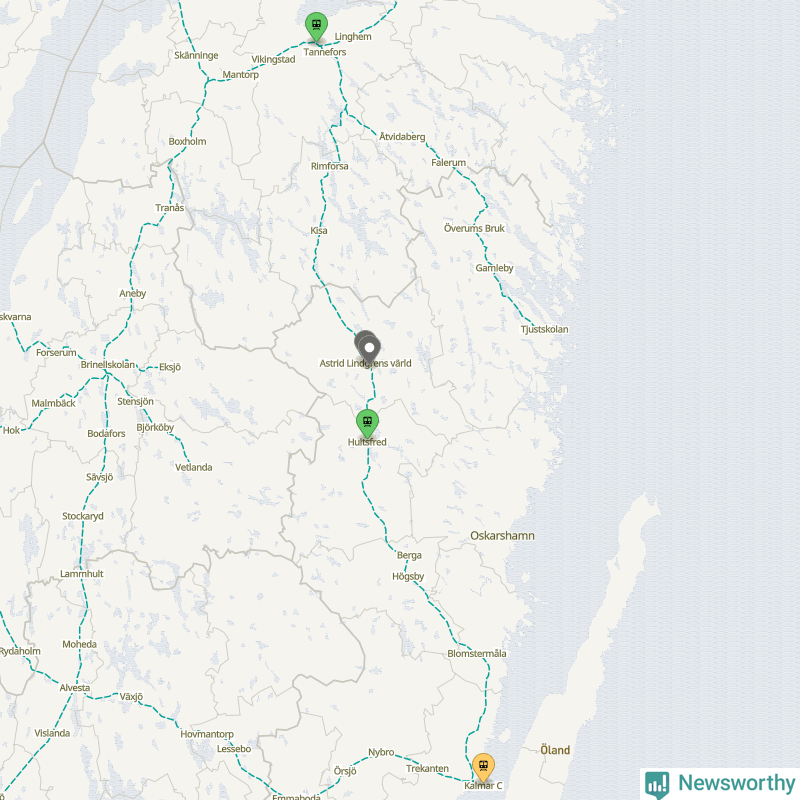 Karta över förseningar vid olika avgångsstationer. Här visas stationer med fler än fem avgångar under månaden.