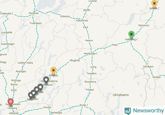 Karta över förseningar vid olika avgångsstationer.