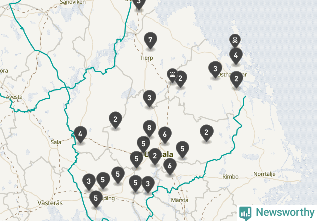 Karta över viltolyckor i Uppsala län