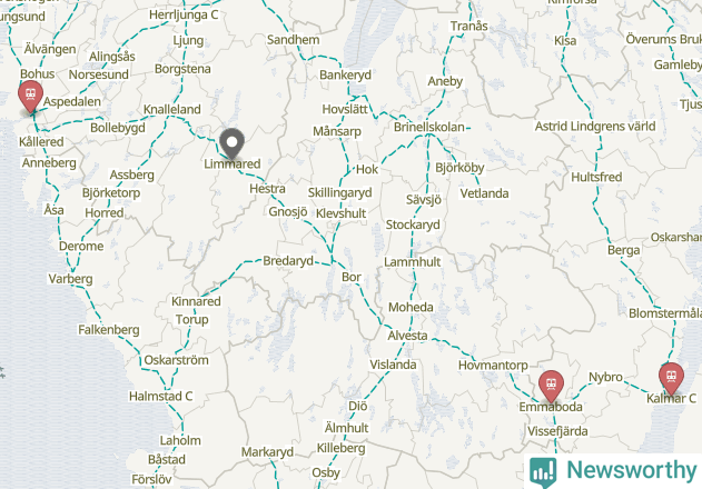 Karta över förseningar vid olika avgångsstationer. Här visas stationer med fler än fem avgångar under månaden.