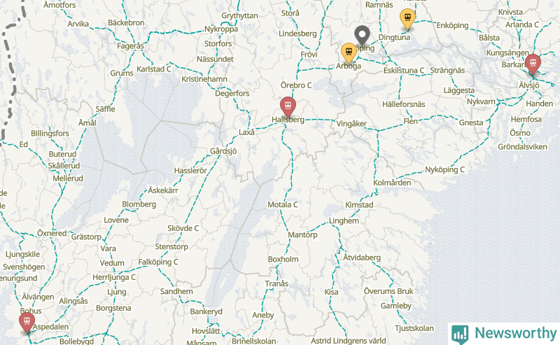 Karta över förseningar vid olika avgångsstationer. Här visas stationer med fler än fem avgångar under månaden.