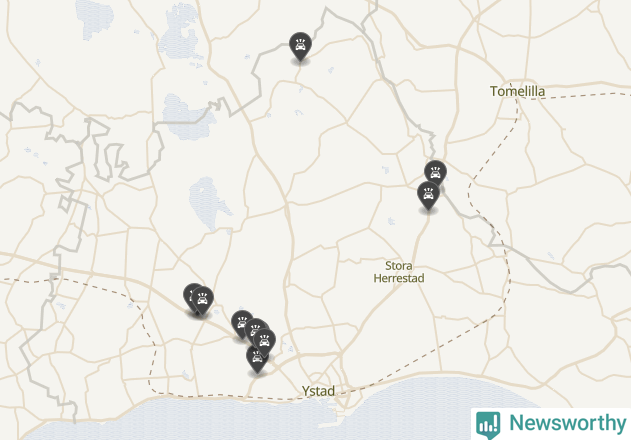 Karta över viltolyckor i Ystads kommun