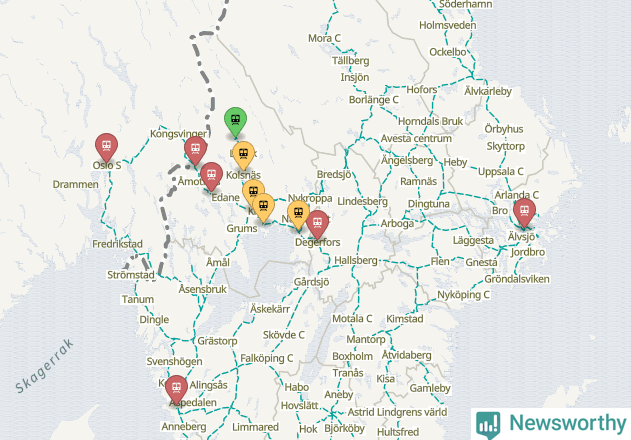 Karta över förseningar vid olika avgångsstationer.