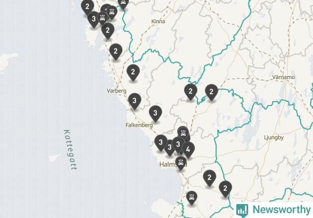 Karta över viltolyckor i Hallands län