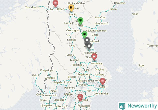 Karta över förseningar vid olika avgångsstationer.
