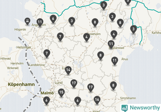 Karta över viltolyckor i Skåne län
