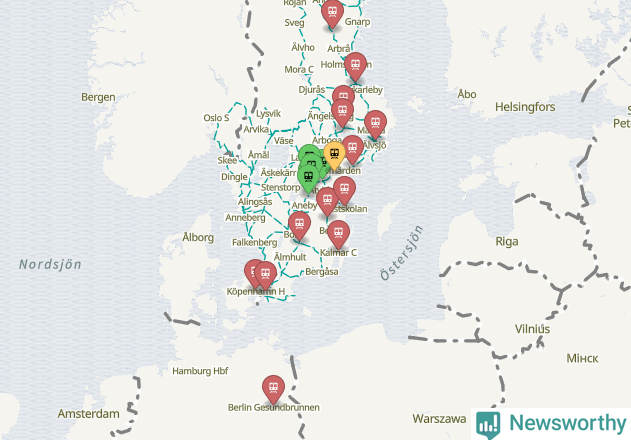 Karta över förseningar vid olika avgångsstationer.