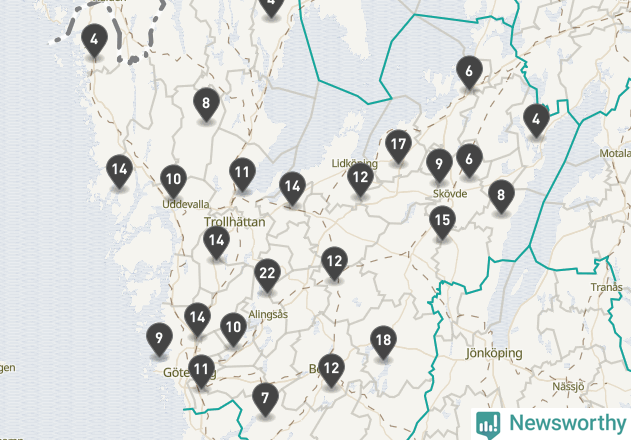 Karta över viltolyckor i Västra Götalands län