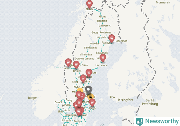 Karta över förseningar vid olika avgångsstationer.