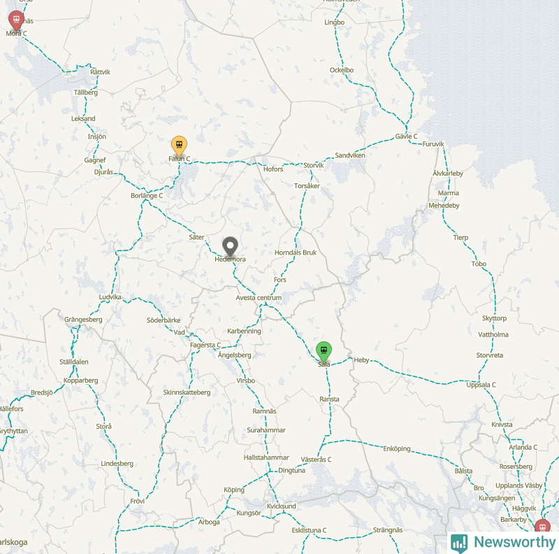 Karta över förseningar vid olika avgångsstationer. Här visas stationer med fler än fem avgångar under månaden.
