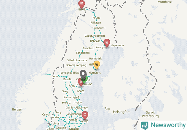 Karta över förseningar vid olika avgångsstationer.