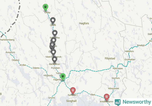 Karta över förseningar vid olika avgångsstationer. Här visas stationer med fler än fem avgångar under månaden.