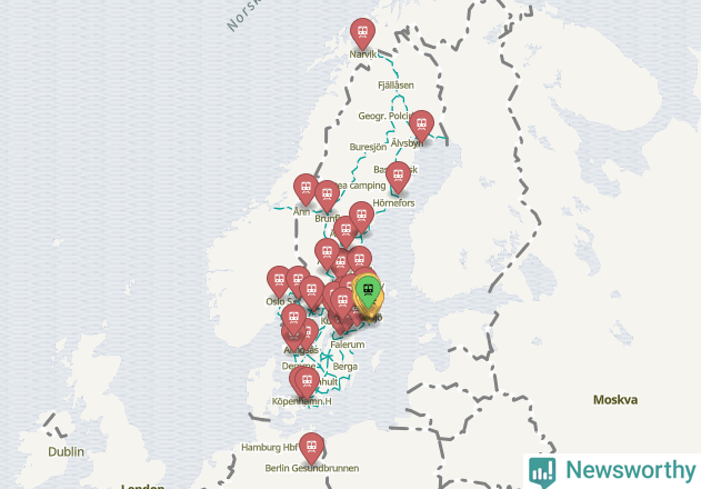 Karta över förseningar vid olika avgångsstationer. Här visas stationer med fler än fem avgångar under månaden.