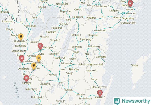 Karta över förseningar vid olika avgångsstationer.