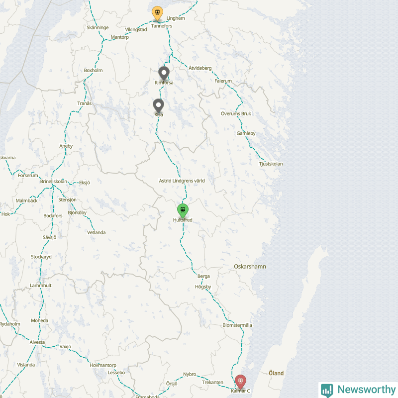 Karta över förseningar vid olika avgångsstationer. Här visas stationer med fler än fem avgångar under månaden.