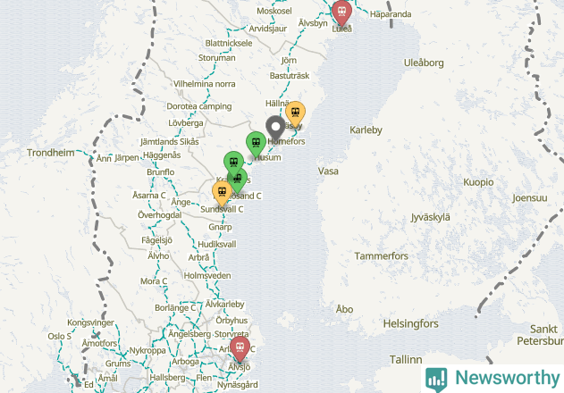 Karta över förseningar vid olika avgångsstationer.