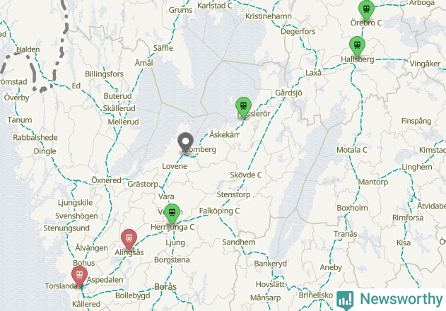 Karta över förseningar vid olika avgångsstationer.