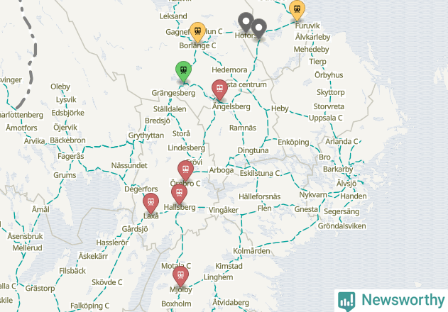 Karta över förseningar vid olika avgångsstationer.