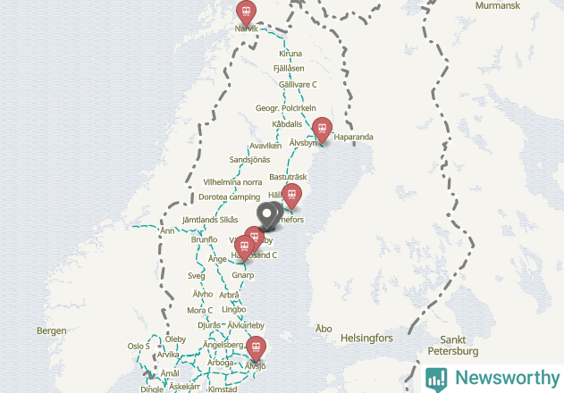 Karta över förseningar vid olika avgångsstationer.
