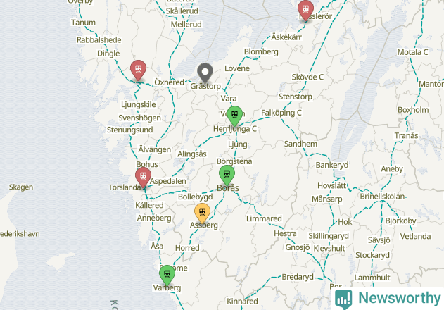 Karta över förseningar vid olika avgångsstationer.