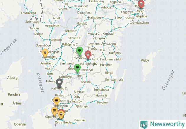Karta över förseningar vid olika avgångsstationer.