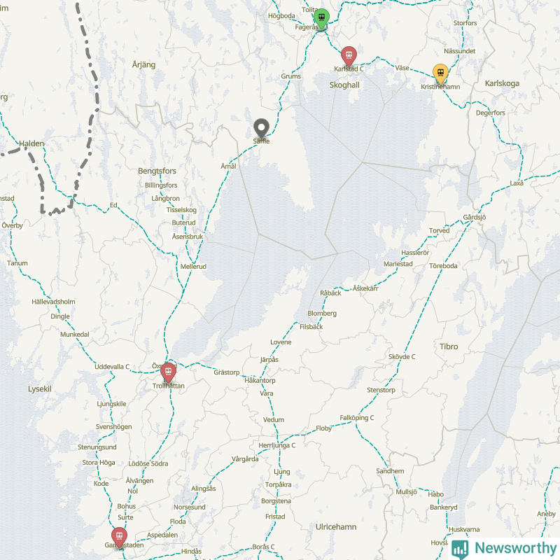 Karta över förseningar vid olika avgångsstationer. Här visas stationer med fler än fem avgångar under månaden.