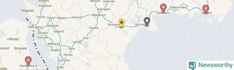 Karta över förseningar vid olika avgångsstationer. Här visas stationer med fler än fem avgångar under månaden.