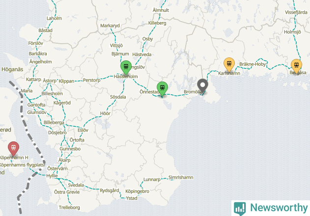 Karta över förseningar vid olika avgångsstationer. Här visas stationer med fler än fem avgångar under månaden.