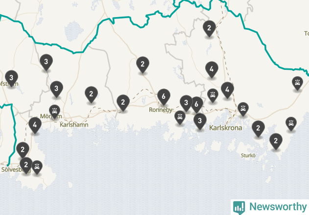 Karta över viltolyckor i Blekinge län