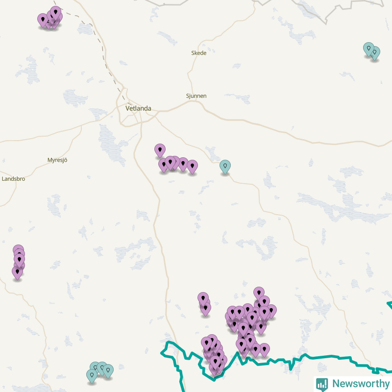 Karta över vindkraftverk i Vetlanda kommun