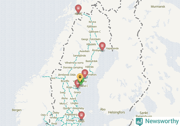 Karta över förseningar vid olika avgångsstationer. Här visas stationer med fler än fem avgångar under månaden.
