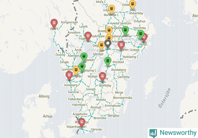 Karta över förseningar vid olika avgångsstationer.