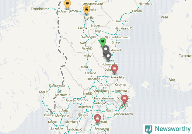 Karta över förseningar vid olika avgångsstationer.