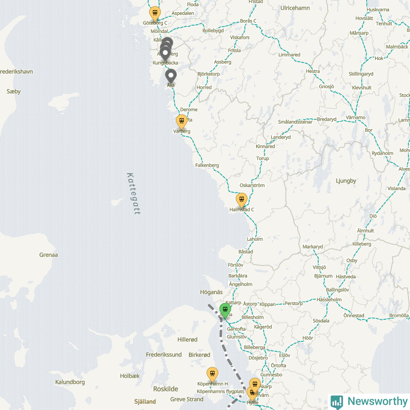 Karta över förseningar vid olika avgångsstationer. Här visas stationer med fler än fem avgångar under månaden.