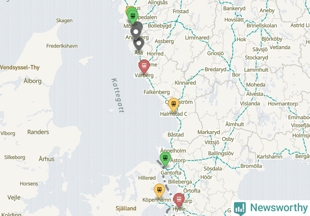 Karta över förseningar vid olika avgångsstationer. Här visas stationer med fler än fem avgångar under månaden.