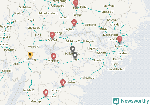 Karta över förseningar vid olika avgångsstationer.