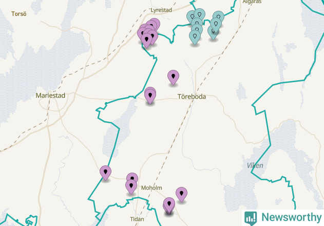 Karta över vindkraftverk i Töreboda kommun