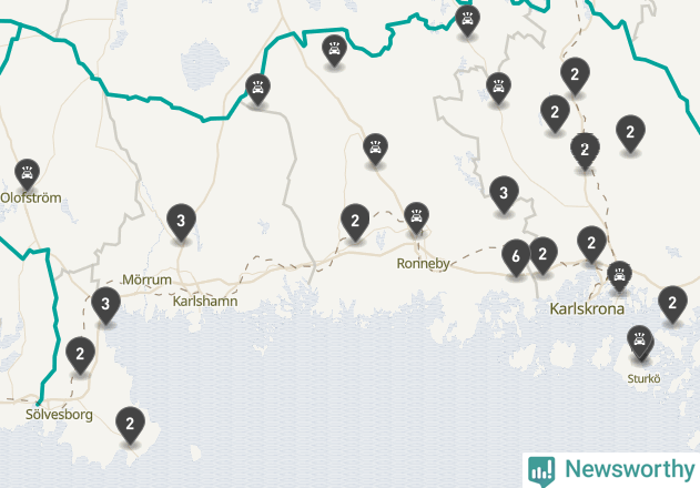 Karta över viltolyckor i Blekinge län