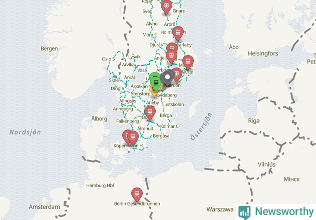 Karta över förseningar vid olika avgångsstationer.
