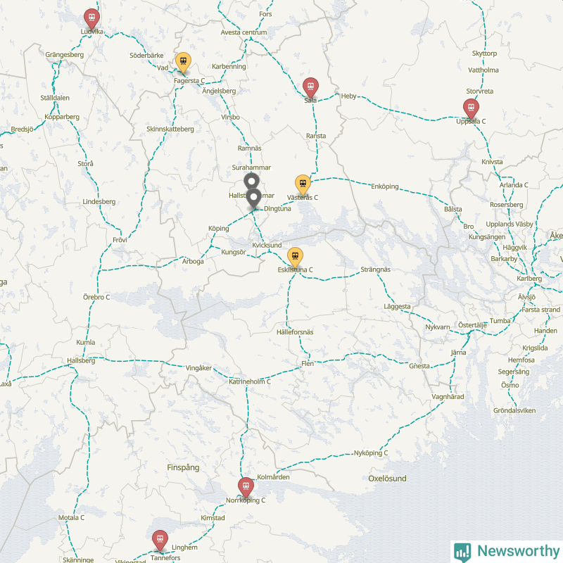 Karta över förseningar vid olika avgångsstationer. Här visas stationer med fler än fem avgångar under månaden.