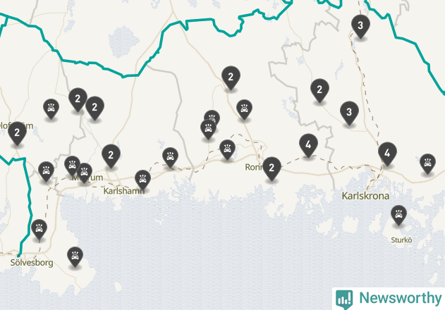 Karta över viltolyckor i Blekinge län