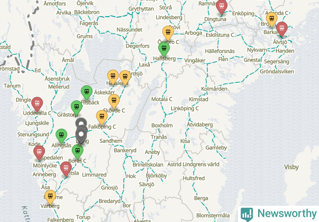 Karta över förseningar vid olika avgångsstationer.