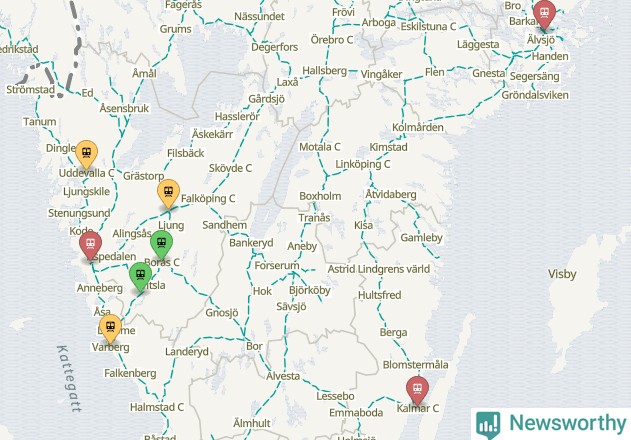 Karta över förseningar vid olika avgångsstationer.