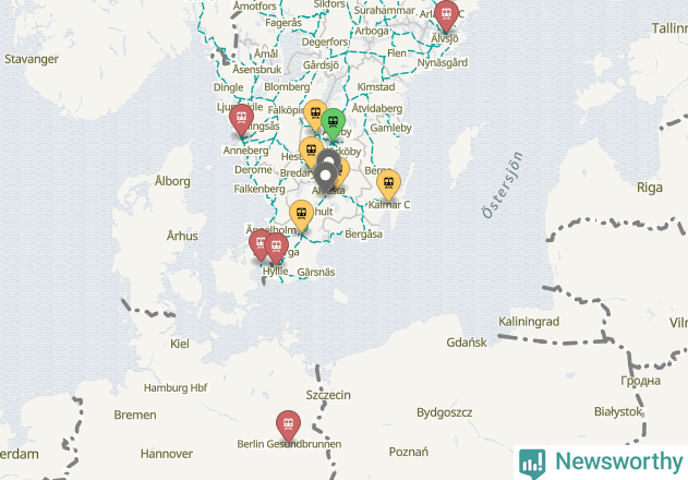 Karta över förseningar vid olika avgångsstationer.