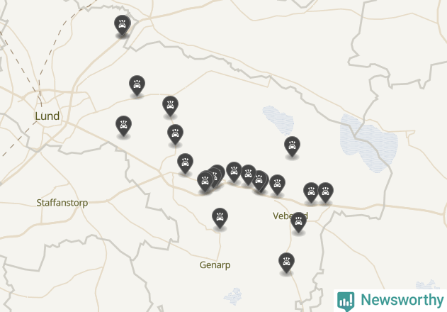 Karta över viltolyckor i Lunds kommun