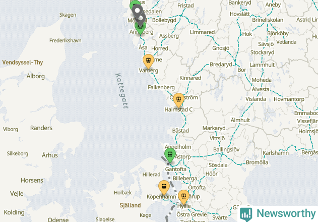 Karta över förseningar vid olika avgångsstationer.