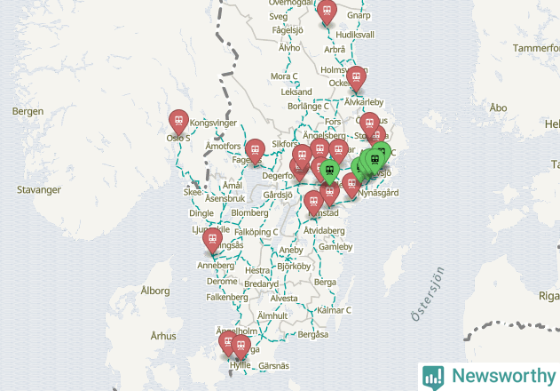 Karta över förseningar vid olika avgångsstationer.