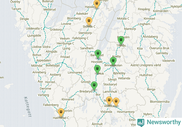 Karta över förseningar vid olika avgångsstationer.
