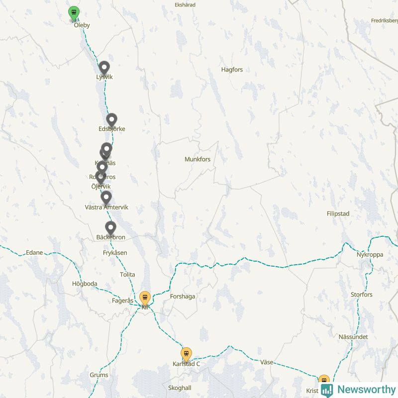 Karta över förseningar vid olika avgångsstationer. Här visas stationer med fler än fem avgångar under månaden.